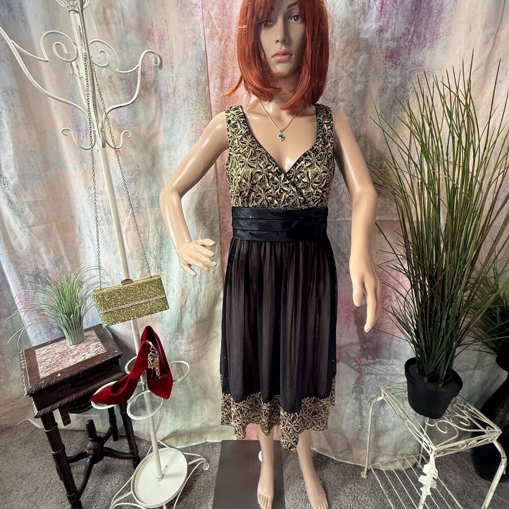 VTG📌Kathy Roberts Black & Gold Empire Waist Cocktail - Wedding Party Dress